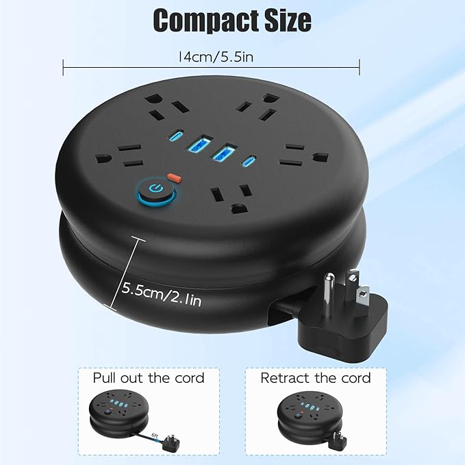 Retractable Travel Power Strip: 6 ft Extension Cord Portable Powerstrip with 5 Outlet 2 Smart USB Port 2 USB C for Travel Cruise Ship Beach Vacation Essentials