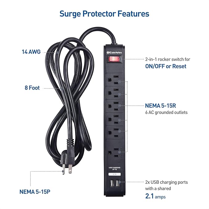 [ETL Listed] Cable Matters 2-Pack 6-Outlet Surge Protector Power Strip with USB Ports - 8ft, Long Extension Cord, Surge Protector with USB Ports, Black