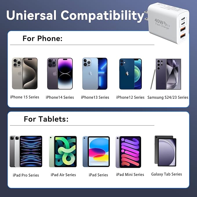USB C Wall Fast Charger Block, 40W 4-Port Type C Chargers Fast Charging Blocks PD Power Charger Adapter+QC 3.0 USB Multiport Charger Brick for Phone 17/16/15/14/13/12 Pro Max, i-Pad, Galaxy S25-2Pack