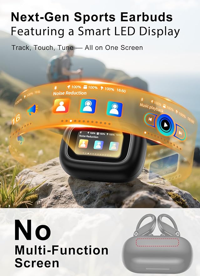 Wireless Earbuds, ENC Noise Cancelling Sport Ear Buds with Multifunctional Touch Screen, Bluetooth 5.4 Headphones, Bass Stereo Sound, 5 EQ Over-Ear Earbuds for Sports/Workout/Gym-Black