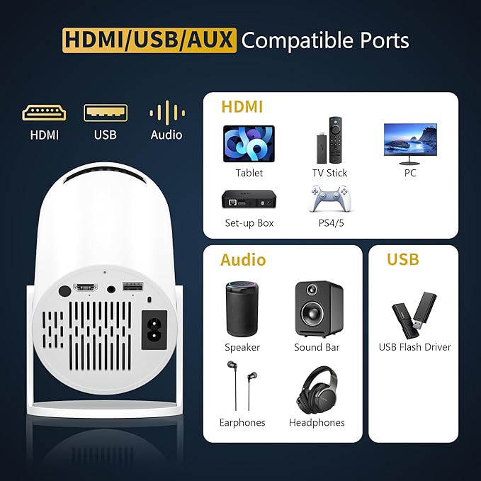 Mini Projector Portable Proyector 4K Support, Full HD 1080P Small Projector with 270° Rotatable Stand, Movie Projector Compatible with TV Stick/Smartphone/HDMI/USB for Bedroom/ Outdoor Camping