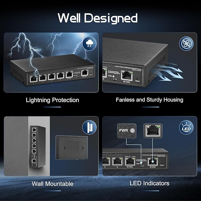 6 Port 10G Switch, 4 x 2.5G RJ-45 Base-T Ports, 2 x 10G RJ-45 Ports, Web Managed/Unmanaged, Metal Fanless Managed Multi-Gigabit Desktop/Wallmount Binardat Network Switch