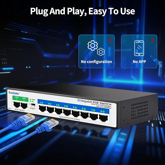 8 Port Gigabit PoE Switch with 2*1000Mbps Uplink, Unmanaged 10 Port Gigabit POE Switch Compatible with IEEE 802.3af/at Devices@120W, AI PoE Auto Recovery&Extend, Vlan, Metal Pluy&Play
