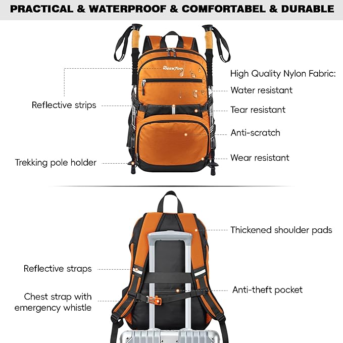 Seektop 40L Hiking Backpack Foldable Daypack for Women Men, Lightweight Travel Backpack Carry on Flight Approved for Camping School Work Business Leisure (Orange)