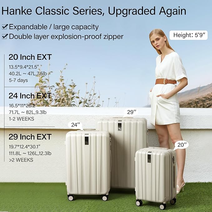 Hanke Expandable Hardshell Luggage Sets 3 piece Carry on Luggage with Wheels Suitcases Lightweight Checked Travel Luggage Rolling Large Suitcase Travel Luggage Bag Woman Men 20/24/29 Inch(Ivory White)