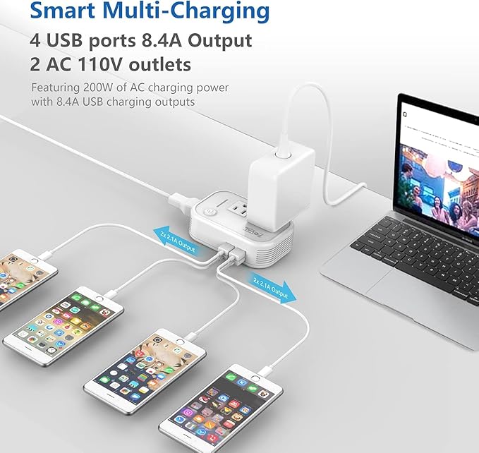 FOVAL Power Step Down 220V to 110V Travel Voltage Converter International Power Adapter for Hair Straightener/Curling Iron with 4-Port USB Charging US/UK/AU/EU Universal Plug Adapter (White)