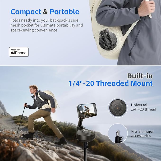 MOTA Tripod Stand Only for iPhone, 360 Degree Auto Tracking Stand for iPhone Support Native Camera and All Apps, 2 Axis Foldable Phone Holder for Video Recording with Remote Control for Desk