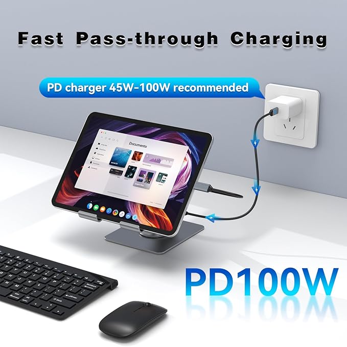 Adjustable Tablet Stand with USBC Hub 7-in-1, Aluminum Tablet Holder with Docking Station, 360° Swivel Base, 4K HDMI, 100W PD Charging, USB 3.0, SD/TF Reader, 3.5mm Audio, for iPad with USB-C Port
