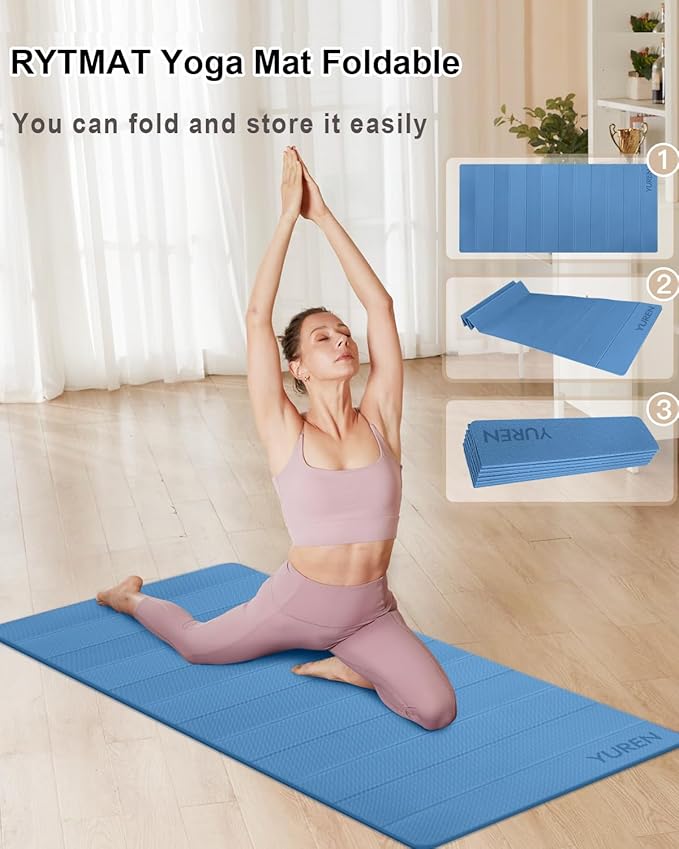 Foldable Yoga Mat 10mm Thick Wide Exercise Mat Non Slip Workout Mat for Home Gym, Travel, with Yoga Carrying Bag