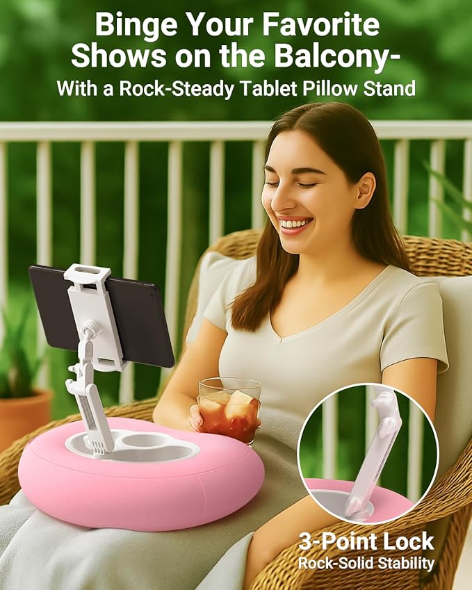 Kindle Pillow Stand for Bed, Adjustable Tablet & Phone Holder for iPad, Kindle, Couch – Snack & Drink Holders, 50 Disposable Liners & Washable Pillow Cover(Pink)