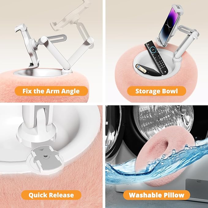 Tablet Pillow Stand for Reading, Adjustable Tablet Stand Phone Holder for Bed with Detachable Snack Bowl, Fits 4.7"-13" Kindle/Phones/Tablets, Watch Videos, Stream Media, Pink