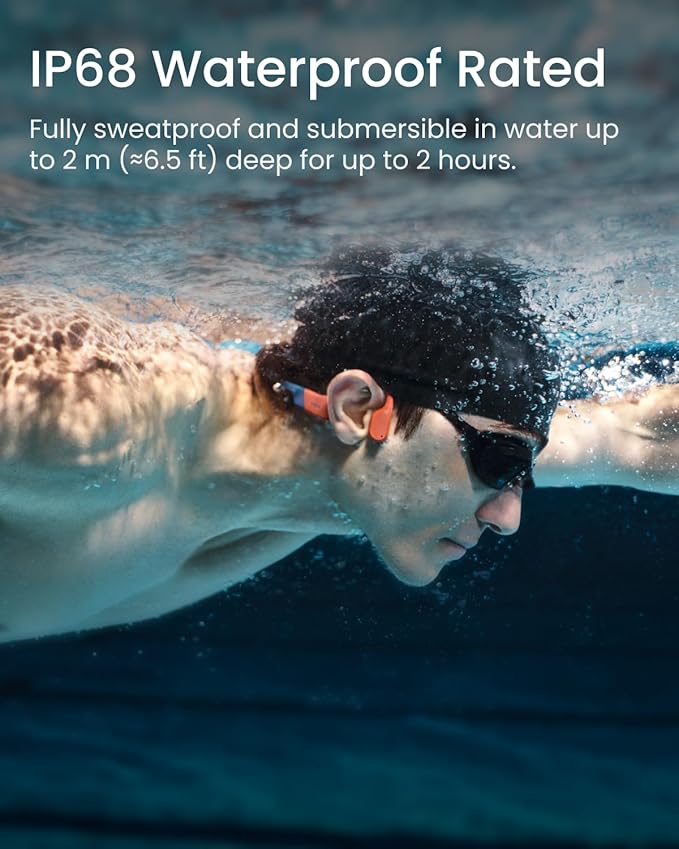 SHOKZ OpenSwim Pro - Open-Ear Bluetooth & MP3 Bone Conduction Sport Headphones, Swimming Headphones, IP68 Waterproof, Red