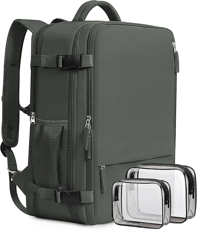 Beraliy Travel Backpack for Men Women, Airline Approved Personal Bag,17.3 Inch Laptop Backpack, Carry On Backpack for Hiking Overnight with USB Charging Hole, Olive-green