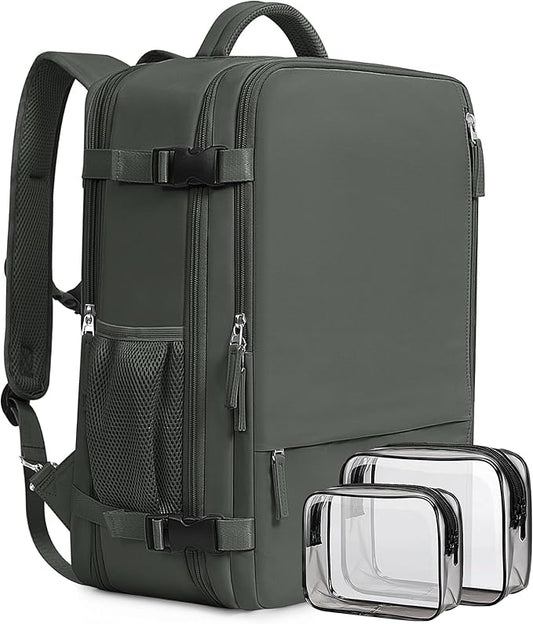 Beraliy Travel Backpack for Men Women, Airline Approved Personal Bag,17.3 Inch Laptop Backpack, Carry On Backpack for Hiking Overnight with USB Charging Hole, Olive-green