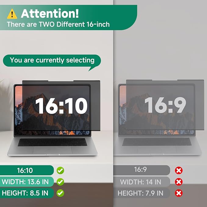 Nano-Suction Laptop Privacy Screen 16 Inch 16:10, Removable Screen Privacy Shield for Laptop, Anti Glare, Anti Bule Light, Screen Protector for Lenovo HP Dell Acer Asus Thinkpad