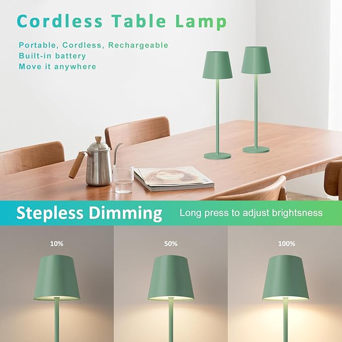 Kakanuo Green Cordless Table Lamps, Rechargeable Lamp, Battery Operated Lamps, Touch Control Table Lamps, 3 Color Temperature, Stepless Dimmable, LED Portable Wireless Battery Lamp, Set of 2