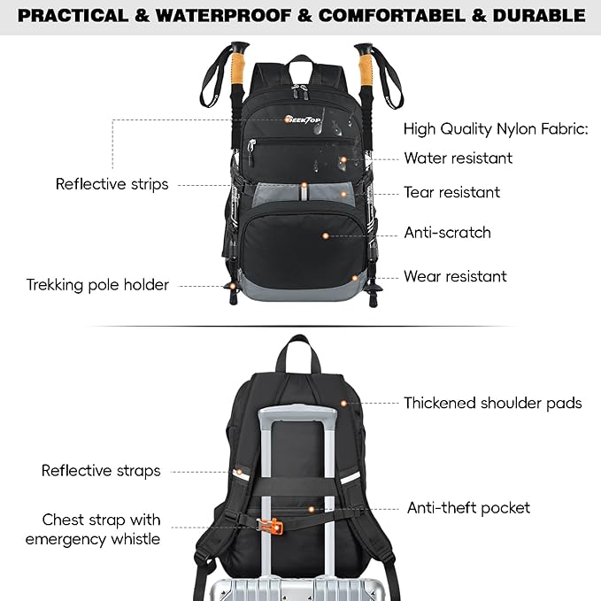 Seektop 40L Hiking Backpack Foldable Daypack for Women Men, Lightweight Travel Backpack Carry on Flight Approved for Camping School Work Business Leisure (Black)