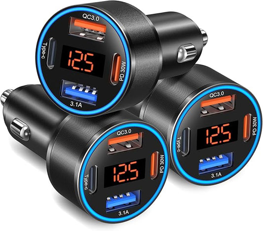 3 Pack USB C Car Charger, 4-Port 65W Dual 12V USB-A & USBC Cigarette Lighter Adapter Plug with Voltmeter PD/QC 3.0 Fast Charging Car Phone Charger for iPhone 17 16e 15 14 13 12 Pro Max, Android-Black