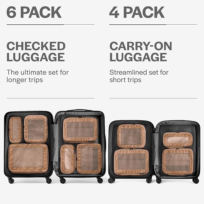 Compression Packing Cubes for Travel - Luggage Organizer Bags - Double Zipper Packing Cubes for Suitcases (6-Pack, Mocha)