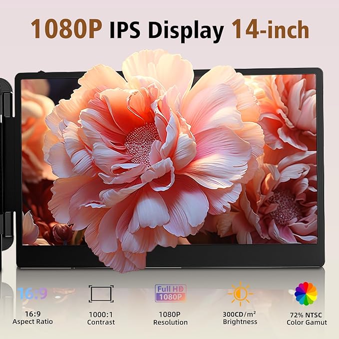 Laptop Screen Extender - 14" FHD 1080P IPS Portable Computer Monitor for Laptops, Dual Screen Travel Monitor for Laptops 13-17" with USB-C/HDMI Port, Plug & Play for Windows/Mac/Android/Switch/PS