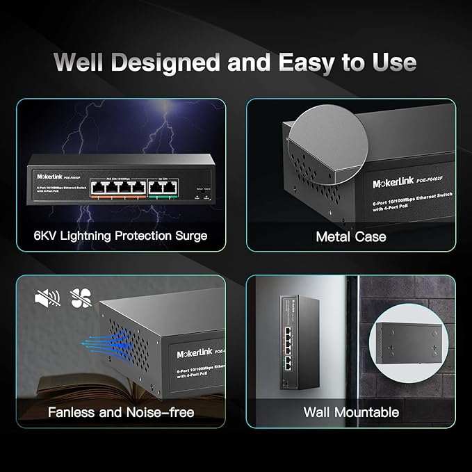 MokerLink 6 Port PoE Switch with 4 Ports PoE+, 2 Fast Ethernet Uplink, 10/100Mbps, 78W High Power, Support IEEE802.3af/at, Fanless Metal Plug & Play PoE+ Network Switch