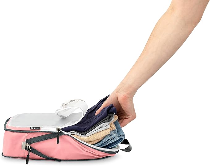 Large Packing Cube Set with See Through Mesh- Compression Packing Cubes Travel Organizers by TRIPPED Travel Gear (Dusty Rose)