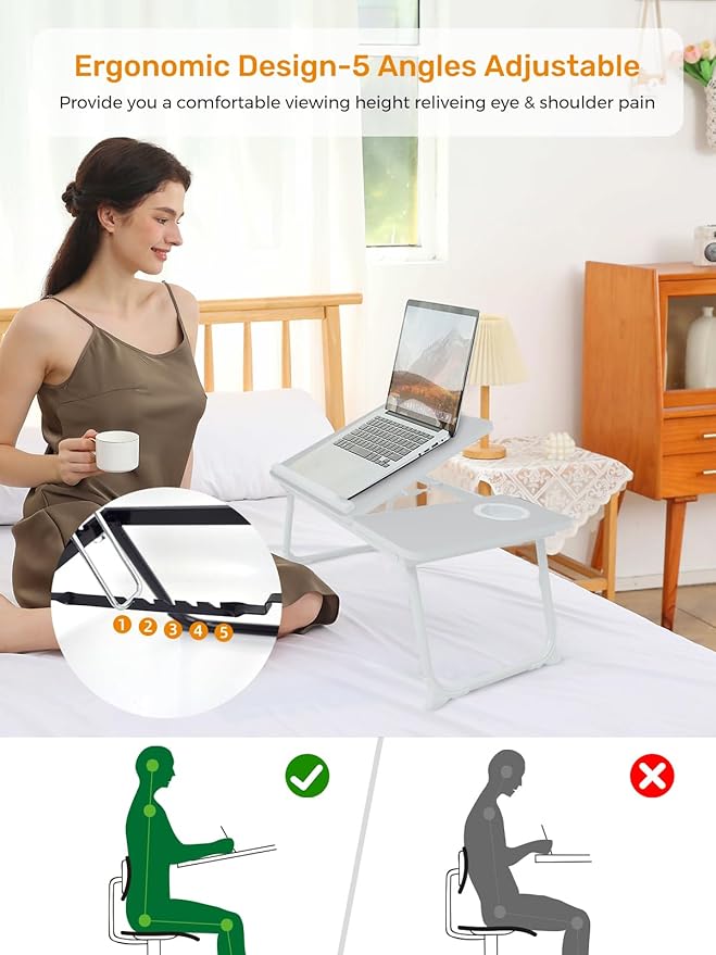 Lap Desk for Couch/Sofa/Floor, 5-Angle Adjustable Bed Desk with Foldable Legs &Cup Holder, Light Weight Bed Tray Table for Writing/Eating/Reading, Portable Laptop Stand for Adults, Kids