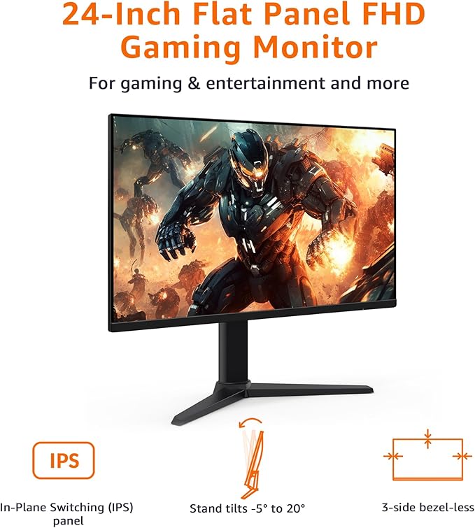 Amazon Basics 24 inch Gaming Monitor, FHD 1080P, 165Hz, VESA Compatible, Adaptive sync, 1ms Response, Black