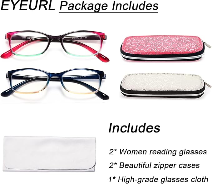 EYEURL Reading Glasses for Women, 2 Pack Blue Light Blocking Readers Lightweight Filter UV Ray/Glare Anti Eyestrain 3.25