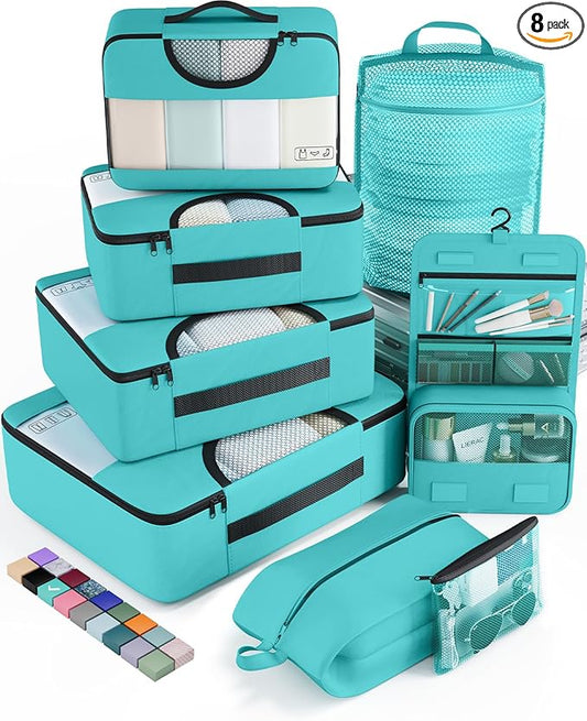 Veken 8 Set Packing Cubes for Kids & Toddler, Airplane Travel Essentials, Beach Vacation & Road Trip Suitcase Organizer Bags Set for Luggage, with Hanging Toiletry & Shoe Bag