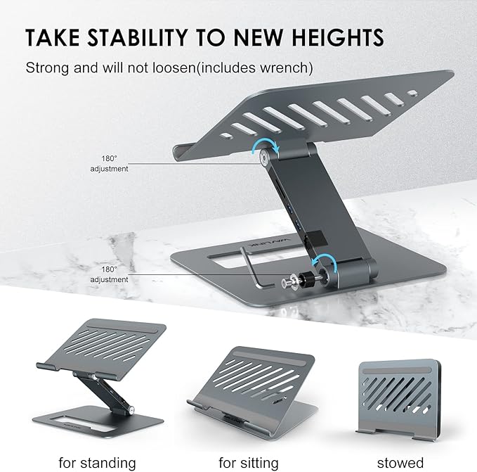WAVLINK Adjustable Aluminum Laptop Stand with USB C Dock, Ergonomic Portable Computer Riser for MacBook, Windows, 10"-17" Notebook and Tablet(2HDMI,PD3.0,SD/TF,RJ45 Ethernet,2USB 3.0 Ports)
