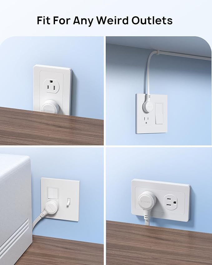 TROND 360° Rotating Flat Plug Extension Cord Surge Protector 10ft, Small Power Strip with 900 Joules, 3 Side Grounded Outlets, 13A, SPT 16/3 Gauge Wire, for Indoor Home Office Dorm Essentials, White