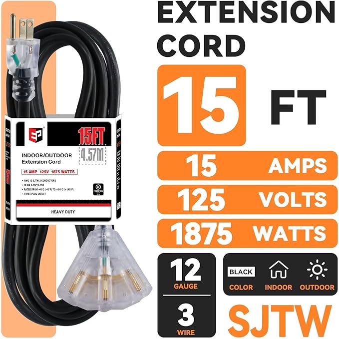 EP 15 Ft 12 Gauge Heavy Duty Extension Cord, 15A 125V 1875W, 3 Outlet Indoor/Outdoor Power Cord with Lighted End, 12/3 SJTW Weatherproof Black, UL Listed