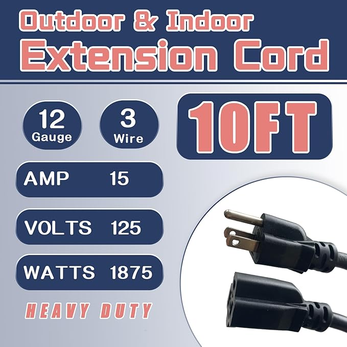 10 Ft Outdoor Extension Cord - 12/3 SJTW Heavy Duty Black Extension Cable with 3 Prong Grounded Plug - Power Cord for Lawn, Garden, Appliances