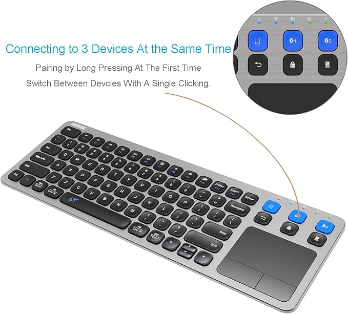 Arteck Universal 2.4G Wireless and Bluetooth Touch TV Keyboard Multi-Device with Easy Media Control and Build-in Touchpad Keyboard for Smart TV, TV Box, TV-Connected Computer, Mac, HTPC
