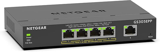NETGEAR 5 Port PoE Gigabit Ethernet Easy Smart Managed Essentials Switch (GS305EPP) - with 4 x PoE+ @ 120W, Desktop or Wall Mount