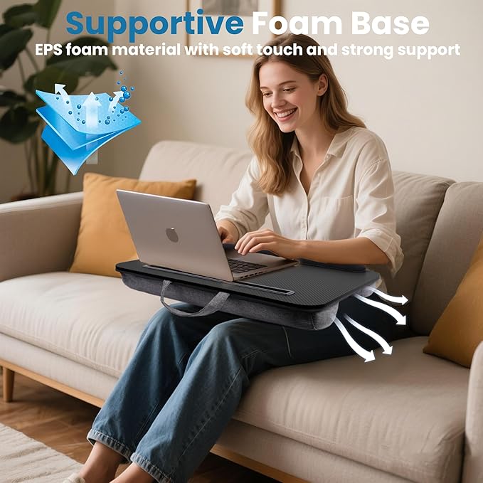 Lap Desk, Portable Lap Desks Fits Up to 16'' Laptop with Pillow Cushion Laptop Desk with Wrist Rest Lap Stand with Tablet or Phone Storage Slot for Bed Couch Carpet Home Office Livingroom (Black)