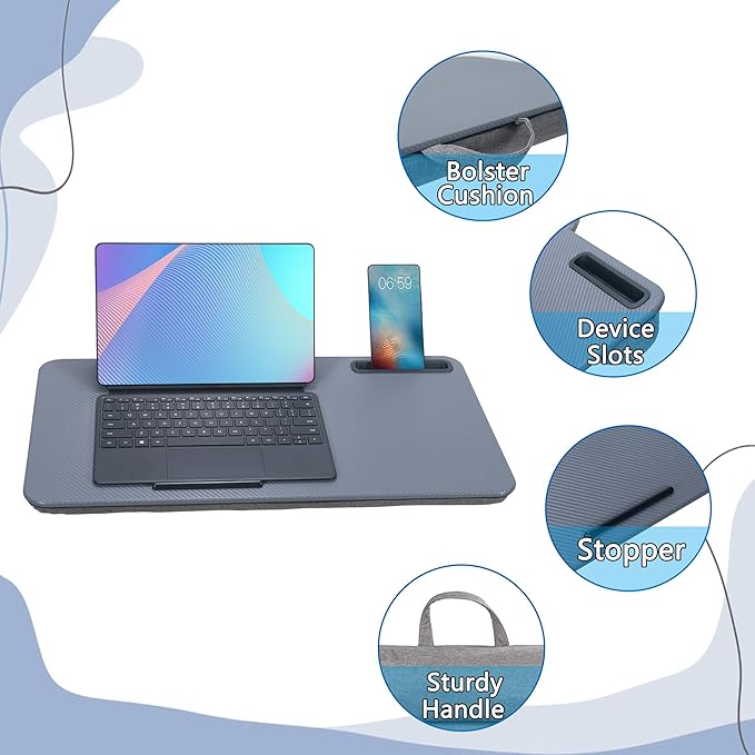 Portable Laptop Desk Fits Up to 16“ Laptops, with Tablet Slot, Built-in Cushion, Great for Home & Office,Lap Desk for Laptop,Lap Desk with Cushion (Dark Grey, Large)