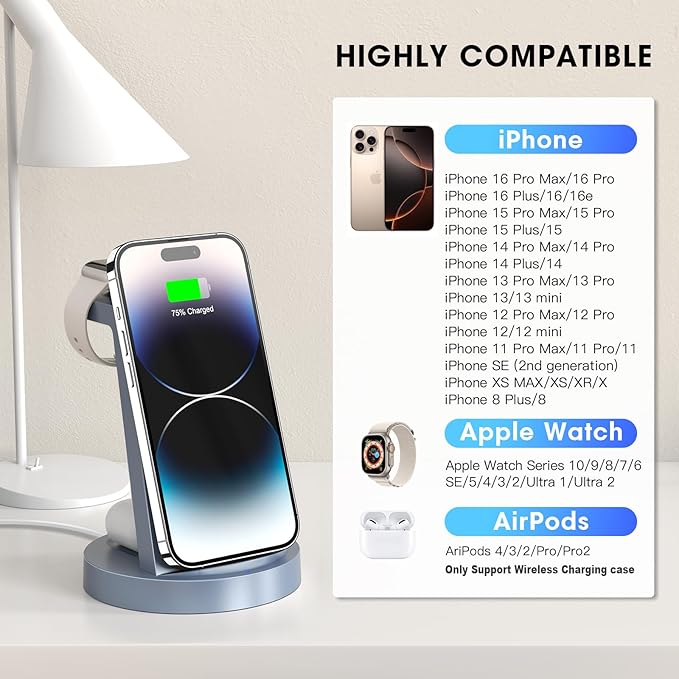 3 in 1 Charging Station for iPhone, Wireless Charger for iPhone 17 16e 16 15 14 13 12 11 X Pro Max & Apple Watch - Charging Stand Dock for AirPods (Blue)