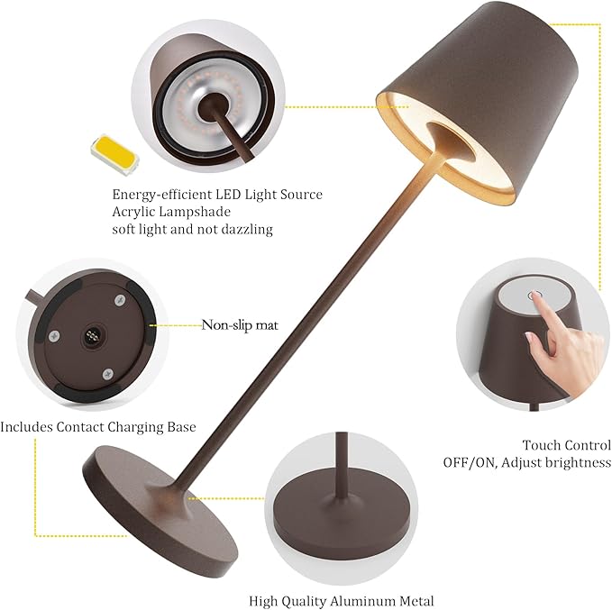 Ralbay IP54 Aluminum Cordless Rechargeable Table Lamp LED Modern Battery Operated 4800mAh Waterproof Portable Stepless Dimmable Desk Lamp for Restaurant/Bedroom/Camping/Outdoor (Rust-Coloured)