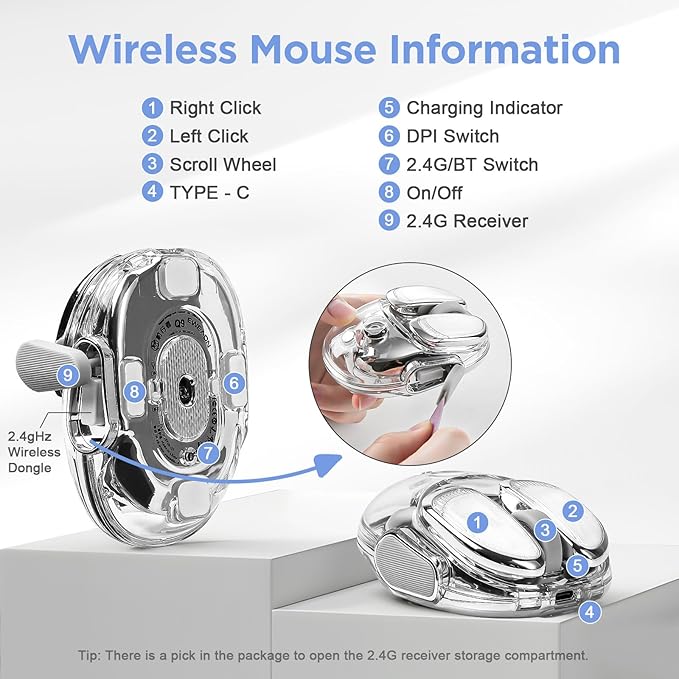 Q9 Wireless Mouse, 2.4G/BT Dual Mode, 4 Adjustable DPI (800-4800), Ultra-Quiet Click, Bluetooth Mouse with RGB Breathing Light, 500mAh Long Battery, Portable for PC/Laptop/Mac/Tablet(Silver)