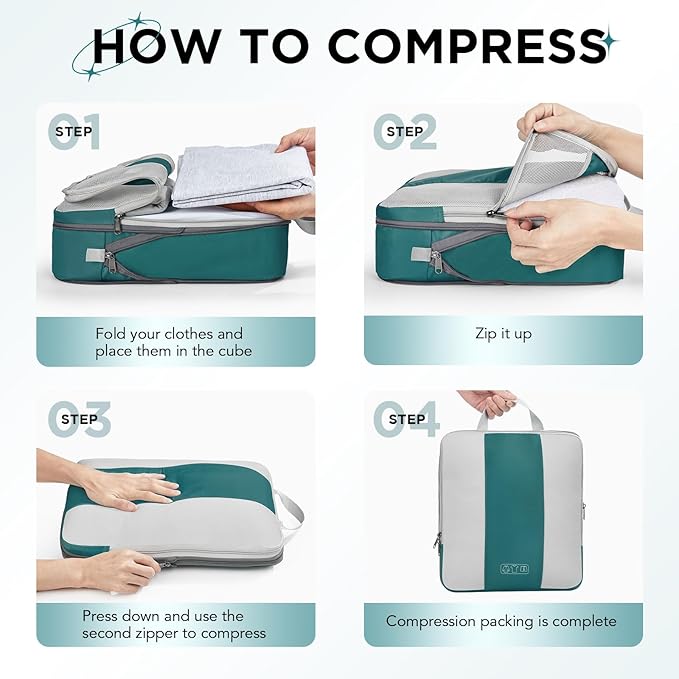 8 Set Compression Packing Cubes for Travel Essentials,Compressible Expandable Packing Cubes for Suitcase,OlarHike Luggage Organizer Bags for Travel,Handy Helper for Organizing Clothes(Dark Blue Green)