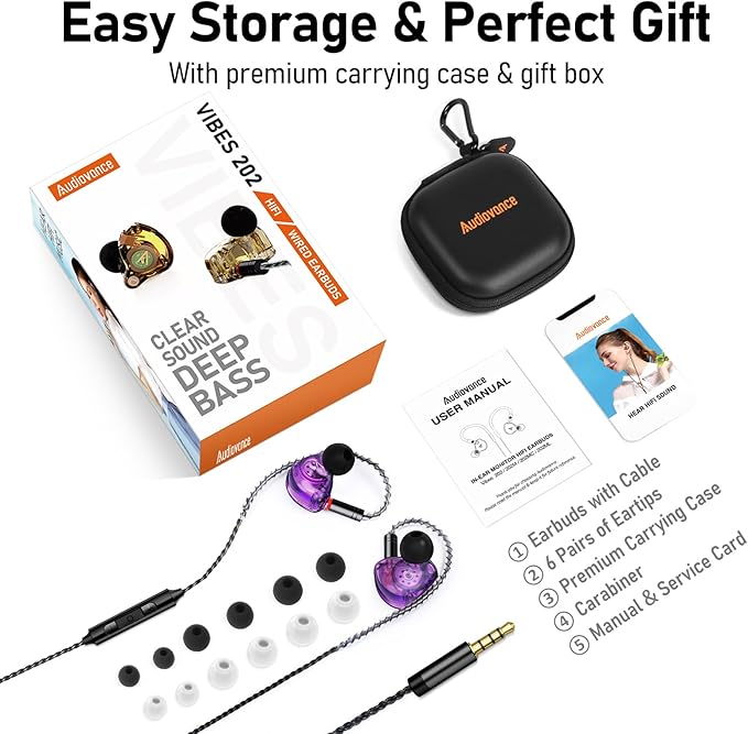 Vibes 202M Wired Earbuds - HiFi in Ear Monitor Headphones - Noise-Isolating Ear Buds w/ Mic - Clear Sound, Deep Bass & Comfort-Fit Gaming Earphones - MMCX to 3.5mm & Silver Plated Cord, Carrying Case