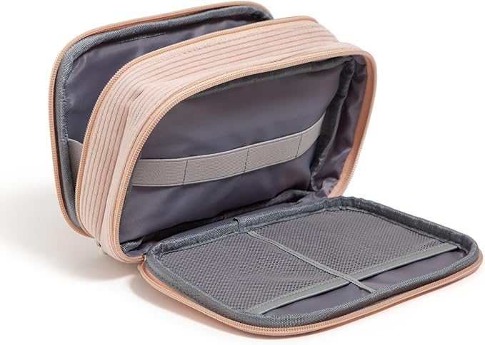 U Brands Dual Zip Corduroy Travel Electronics Organizer, Tech Carry Case, Portable Travel Bag, Cord Storage, 8" x 5.25" x 2.5", Dusty Rose Pink