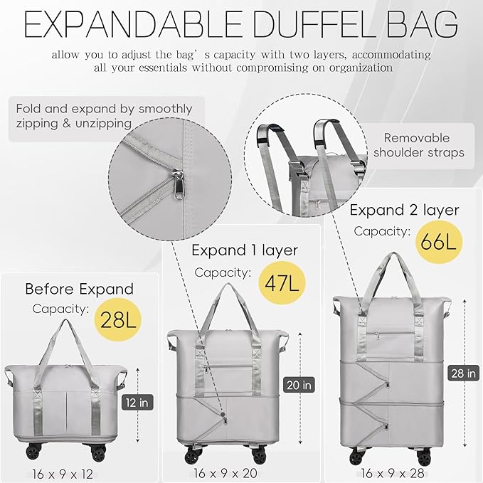 VOOWO Duffel Bag with Wheels - Rolling Foldable Expandable Duffle Bags with Wheel for Travel, Rolling Luggage Carry On Travel Bag, Large Wheeled Overnight Weekender Bag (Gray)