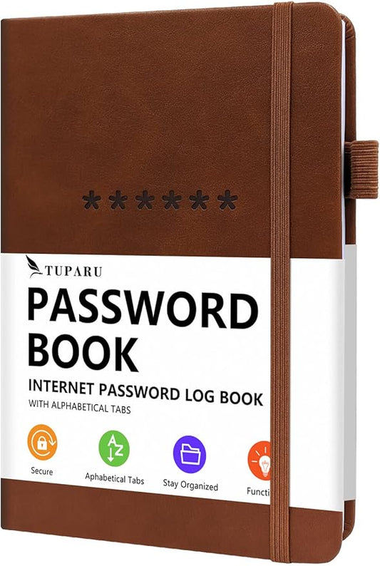 Password Book with Alphabetical Tabs – Hardcover Internet Address & Password Organizer – Password Keeper Notebook for Computer & Website – 5.2 x 7.6" Log-in Password Journal w/Thick Paper (Brown)