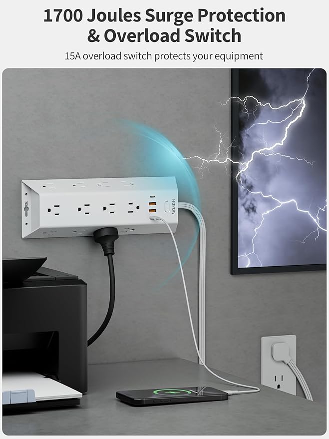 10FT Surge Protector Power Strip, HOPOW Long Extension Cord with 12 Widely AC Outlets 4 USB (2-USB C), Flat Plug, Wall Mount Power Strip, 1700 Joules Charging Station for Home Office, White