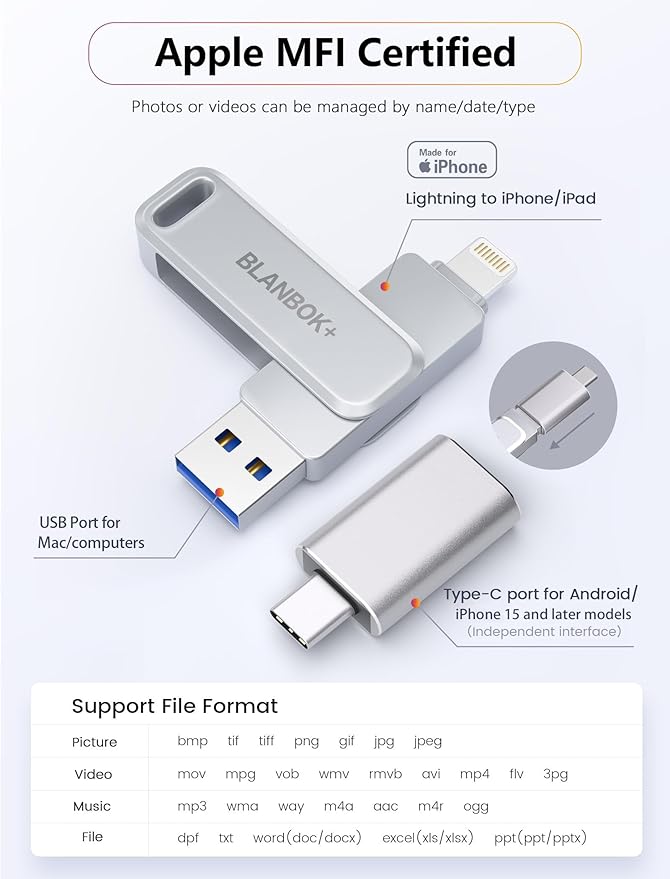MFi Certified Flash Drive 256GB for iPhone USB Memory Stick Thumb Drives High Speed USB Stick,Photo Stick External Storage for iPhone/iPad/Android/PC