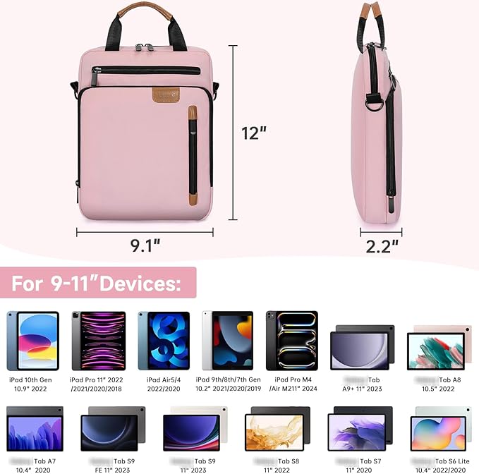9-11 Inch Tablet Sleeve Bag,Padded Protective Travel Carrying Case for iPad Pro M4 11", iPad Air M2 5/4th 10.9", Air 3th 10.5", iPad 10th 10.9", 9/8/7th 10.2", Samsung Tab A9+/A8/A7/S8/S7, Pink