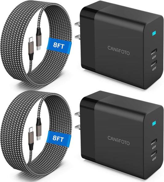2Port 45W Super Fast Charger Type C, 2Pack 45W USB-C Charger Android Phone Charger Fast Charging for Samsung Galaxy S25 Ultra/S25+/S24/S24 Ultra/S23+/S22/S20/Note10+/Tab S9 with 2X 8ft Type C Cord